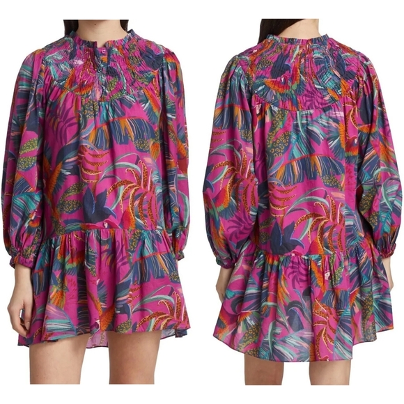 FARM Rio Dresses & Skirts - Anthropologie Farm Rio Rainbow Macaws Mini Dress Puff Sleeve Ruffle NEW